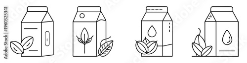 Four illustrations of plant based milk alternatives in carton packaging design