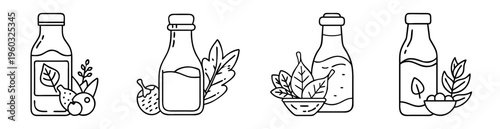 Black and white line art bottles featuring fruits, berries, and vegetables