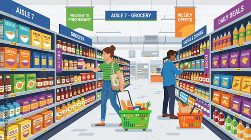People shopping for groceries in a supermarket aisle filled with shelves of food and drinks