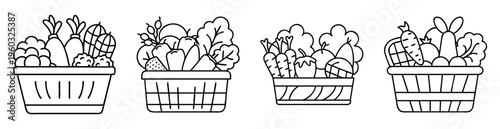 Hand drawn outline illustration of baskets overflowing with assorted fresh vegetables