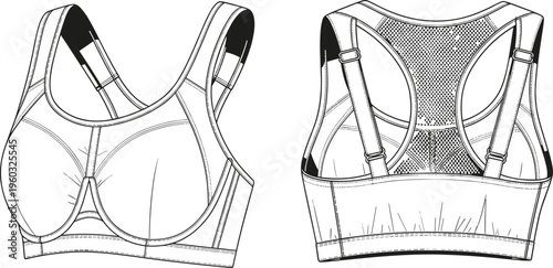 Technical vector line art illustration of a high-impact sports bra featuring racerback mesh panels, adjustable straps, and front support seams.