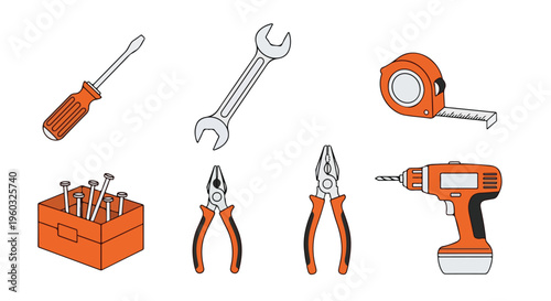 Flat lay of various orange and silver hand tools on a white background, including a drill and tape measure.