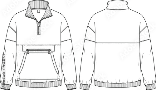 Technical vector line art illustration of a quarter zip sweatshirt featuring front kangaroo pocket, ribbed cuffs, and high neck collar