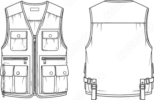 Technical vector line art illustration of a multi-pocket utility vest with front zipper, cargo pockets, and adjustable side cinch buckles
