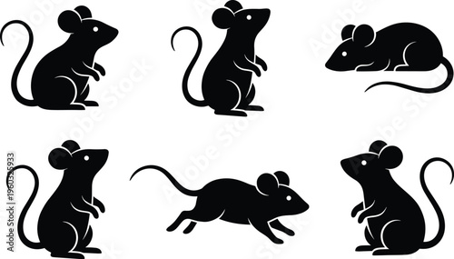 Black mouse silhouette vector set featuring rodents in various poses like sitting standing running and jumping for animal graphic design