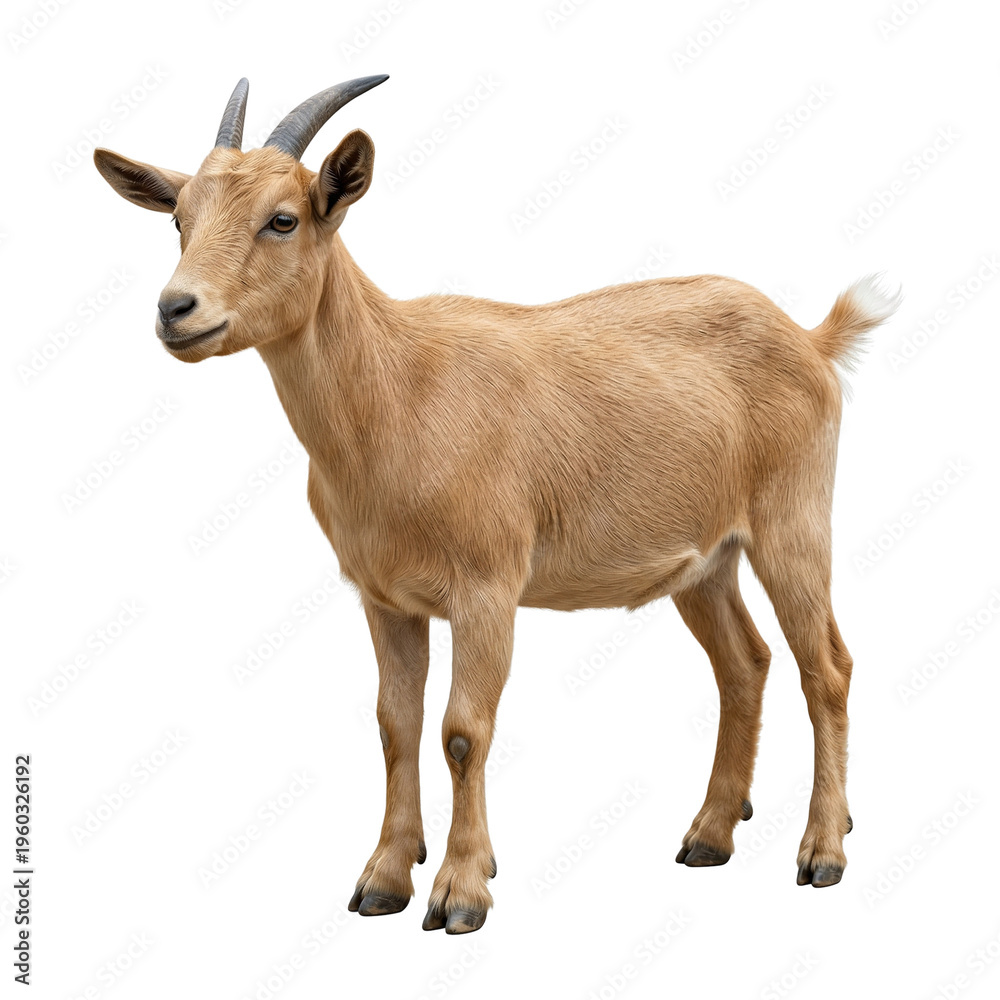 Fototapeta premium Brown Goat Standing Isolated on White Background, Farm Animal Portrait