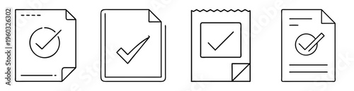 Four distinct document icons with checkmarks, representing approval or completion