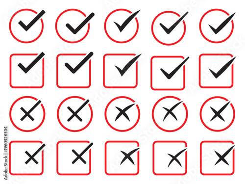 Check tick mark icon set. Cross box x check mark checkbox v list vector draw hand drawn sketch doodle brush marker checklist symbol wrong right circle. Vector Illustration