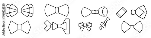 Collection of various black and white bow tie outline illustrations isolated