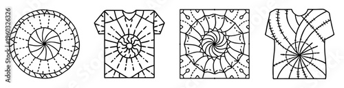 Four tie dye patterns round circle square and t shirt shapes