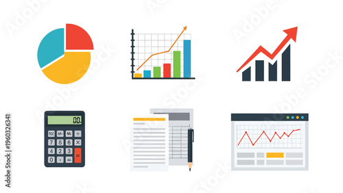 Set of Financial & Business Icons: Data Analysis, Growth Charts, Accounting, Reports, Statistics