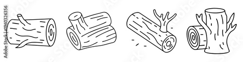 Line art illustration of logs and tree stumps with branches and rings