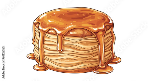 Stack of pancakes with caramel sauce dripping, isolated on white background