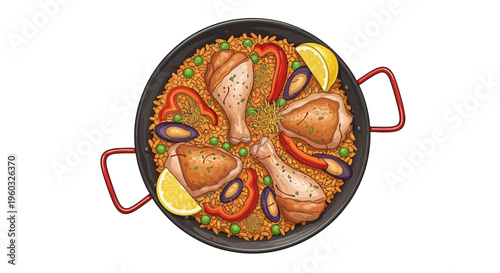 Top view of paella with chicken, mussels, peas, lemon and red pepper slices.