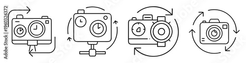 Stylized line drawings of cameras with rotating arrows around them showing settings