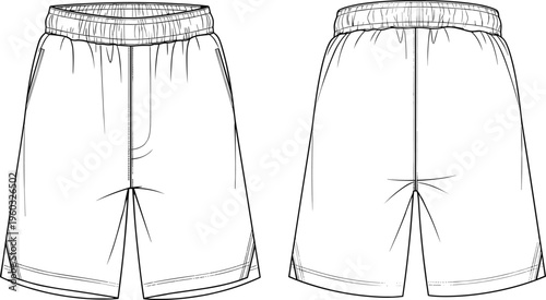 Technical Vector Line Art of Athletic Basketball Shorts Front and Back View, Elastic Waistband Apparel Mockup for Sportswear Design and Manufacturing