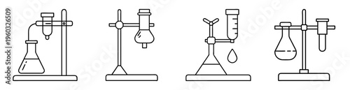Scientific glassware set up for chemical reactions and laboratory experimentation