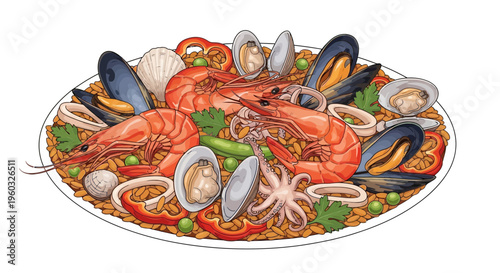 Colorful Seafood Paella Dish, Spanish Cuisine Illustration