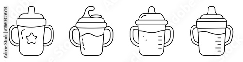 Four baby cups with handles and different lids in outline style