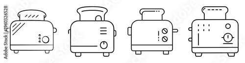 Black and white linear illustration of four different styles of toasters