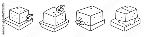 Four stylized cubes on pedestals, decorated with leaves and dripping liquid