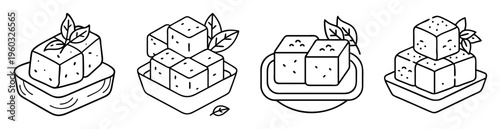 Black and white line drawing of tofu cubes with basil garnish
