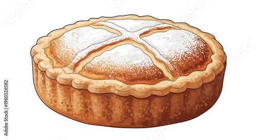 Delicious baked tart dusted with powdered sugar, isolated on white background