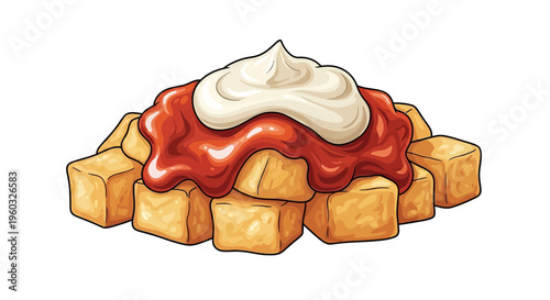 Delicious fried potatoes with ketchup and mayonnaise on top, isolated on white background