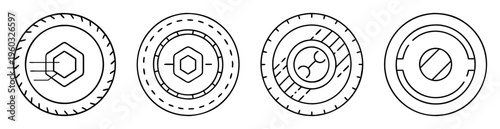 Four stylized emblems with circular borders and unique internal configurations