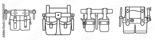 Four tool belts, each designed for carrying different tools and hardware