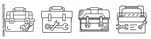 Outline drawings of toolboxes with wrenches showing different construction types