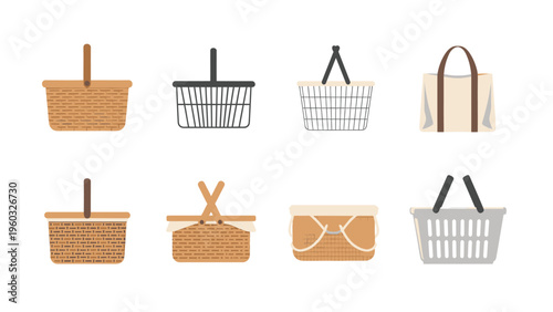 Set of diverse baskets and bags: picnic, shopping, tote. Flat vector illustration on white background.