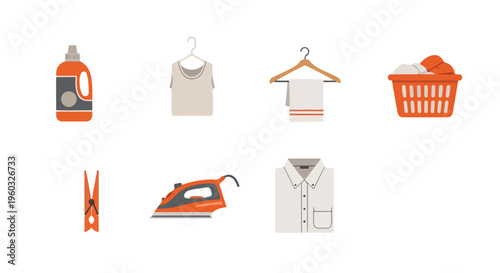 Flat lay of laundry and cleaning supplies including detergent, iron, and clothes on hangers against a clean white background.