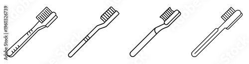 Four simple line art illustrations of toothbrushes for dental hygiene concept