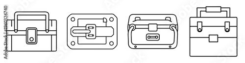 Four line art illustrations depicting different styles of vintage briefcases