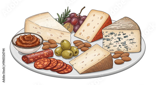 Gourmet Cheese Platter with Cured Meats, Olives, Nuts, and Grapes