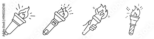 Line art illustration of four stylized torches, simple black and white drawing