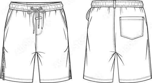 Technical Vector Line Art of Men's Drawstring Board Shorts Front and Back View, Summer Swim Trunks Apparel Mockup for Fashion Design