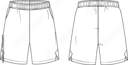 Technical Vector Line Art of Athletic Sports Shorts Front and Back View, Elastic Waistband Apparel Mockup for Activewear Design and Manufacturing