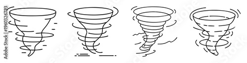 Line art depicting four unique tornado designs on a white background