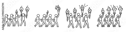 Stick figure illustration showing a procession of people carrying burning torches