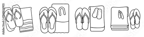Outlined collection of flip flops and beach towels for summer fun