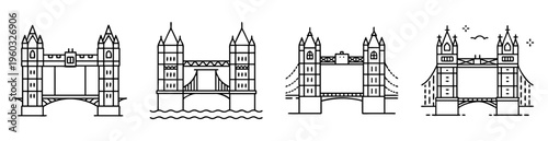 Four stylized line art depictions of the iconic Tower Bridge of London