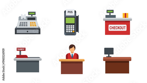 Retail Checkout & Payment Icons Set: Cash Register, POS Terminal, Service Desk, Counter