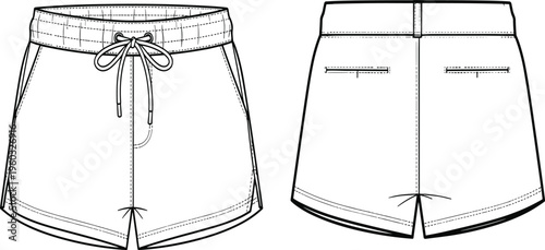 Technical Vector Line Art of Men's Swim Trunks Front and Back View, Drawstring Board Shorts Apparel Mockup for Summer Fashion Design