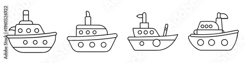 Cartoon Line Drawing of Four Cute and Simple Steam Boat Vessels