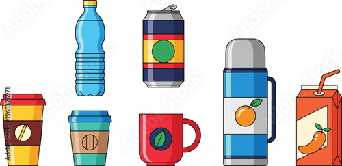 Beverage Drink Vector Icon Set Featuring Water Bottle, Soda Can, Coffee Cups, Mug, Thermos Flask, and Juice Box for Refreshment and Packaging Design