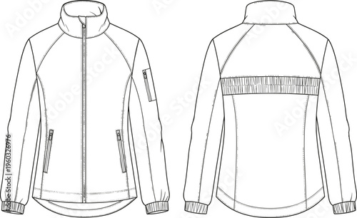 Technical windbreaker jacket design template vector, womens sports outerwear mockup front and back view, black and white line art apparel sketch