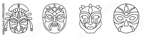 Collection of stylized black and white tribal masks for coloring pages