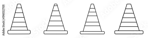 Four isolated traffic cones in a row line art vector illustration
